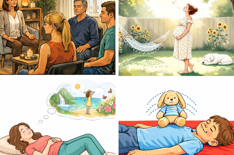 Groupe de quatre photos faites par IA, illustrant différentes séances du texte ci contre.